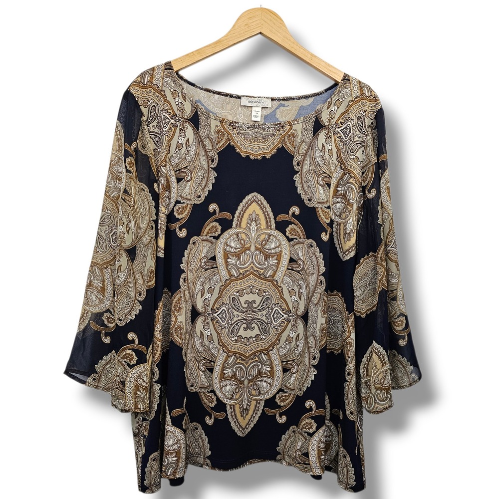 Dressbarn Woman Top 3X Paisley Navy Blue Tan Sheer Sleeve Boho Regency Old Money